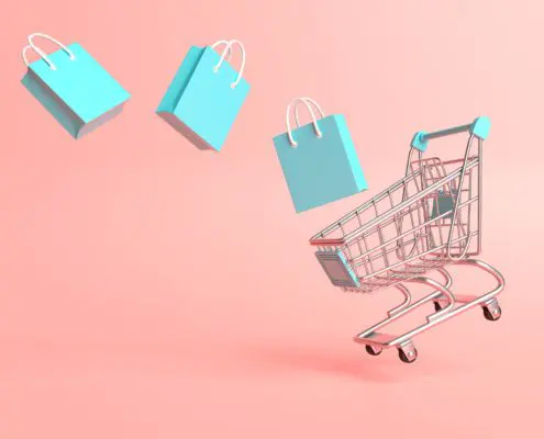 Flying shopping cart with shopping bags on a pink background - Bright Plugins sales, lower prices