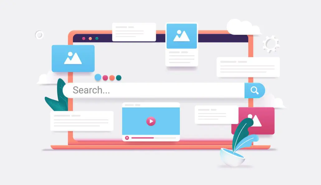 Search engine on computer screen - 3d vector illustration of laptop with internet search and results popping out - Bright Plugins SEO OPTIMIZATION - BRIGHT PLUGINS