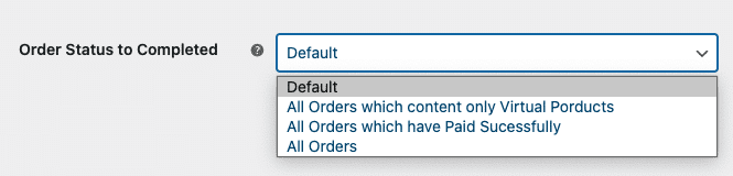  /></p>
<ul>
<li><strong>Default:</strong> Default WooCommerce Order method.</li>
<li><strong>All orders containing only Virtual Products:</strong> Orders that don’t have any other physical products and only have Virtual products will be marked as completed.</li>
<li><strong>All Orders that have Paid Successfully:</strong> All orders (along with physical products) that successfully paid will be marked as complete.</li>
<li><strong>All Orders:</strong> No matter what is the order contains or has (payment complete, virtual, physical, offline payments, etc.), as soon as a customer land on the thank you page, the order status will be changed to complete.</li>
</ul>
<p>&nbsp;</p>
<div id=