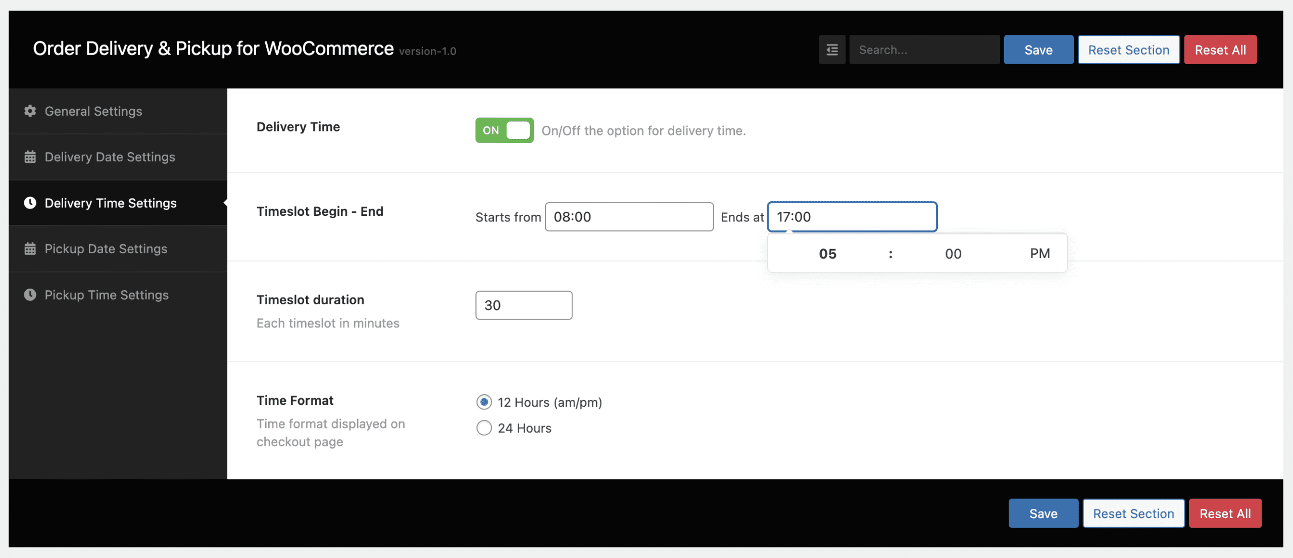 Delivery time settings tab