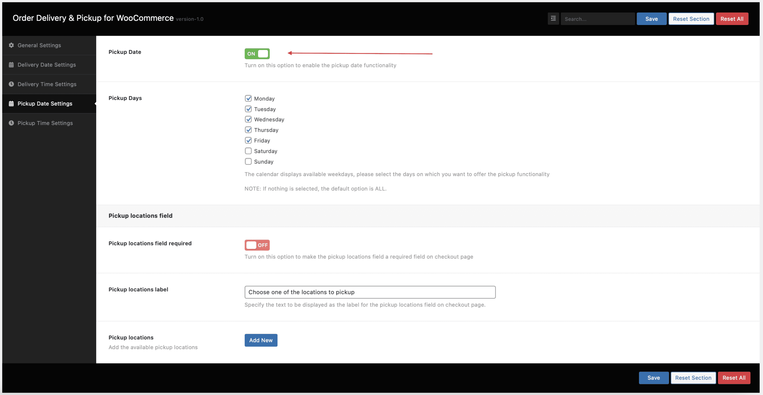 Pickup Date Settings
