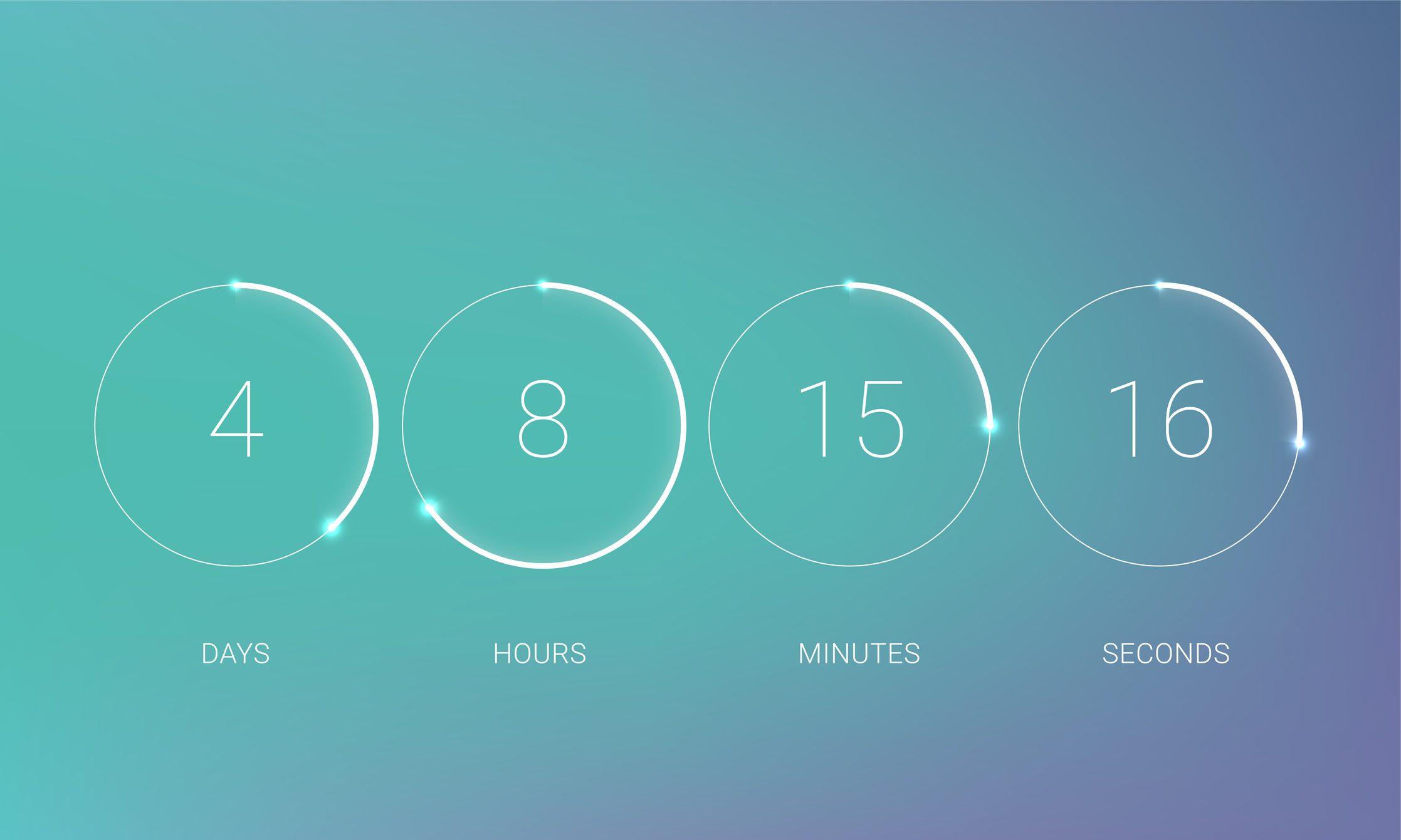 UI countdown clock counter timer. Vector digital count down circle board with circle time pie diagram. Scoreboard of day, hour, minutes and seconds for web page upcoming event template design.