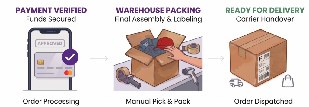 Three-step order fulfillment infographic: payment verified, packing, and dispatch ready for delivery.